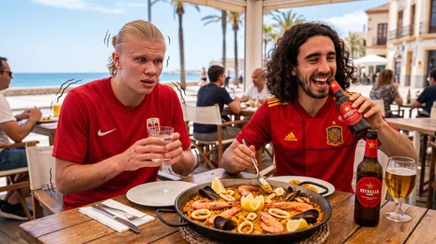 Marc Cucurella y su meme: comiendo una paella y bebiendo una estrella.