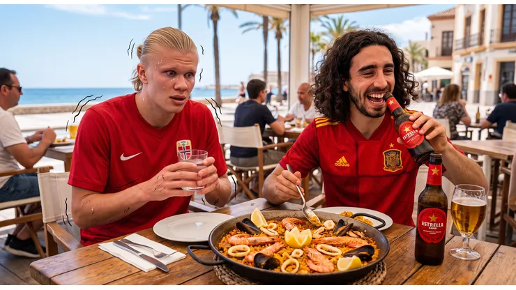 Marc Cucurella y su meme: comiendo una paella y bebiendo una estrella.