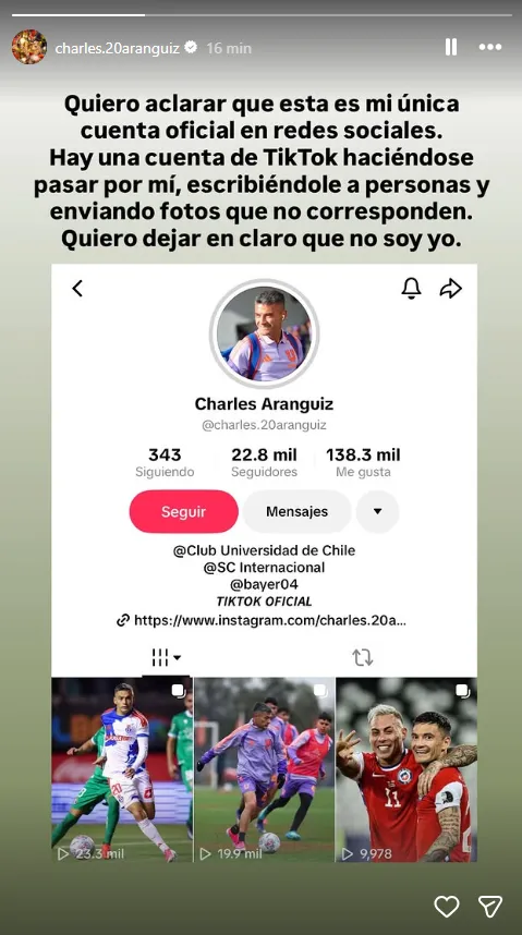 Charles Aránguiz denunció suplantación de identidad en redes sociales y le avisó a los hinchas de la U que no tiene nada que ver con él. Foto: Instagram.