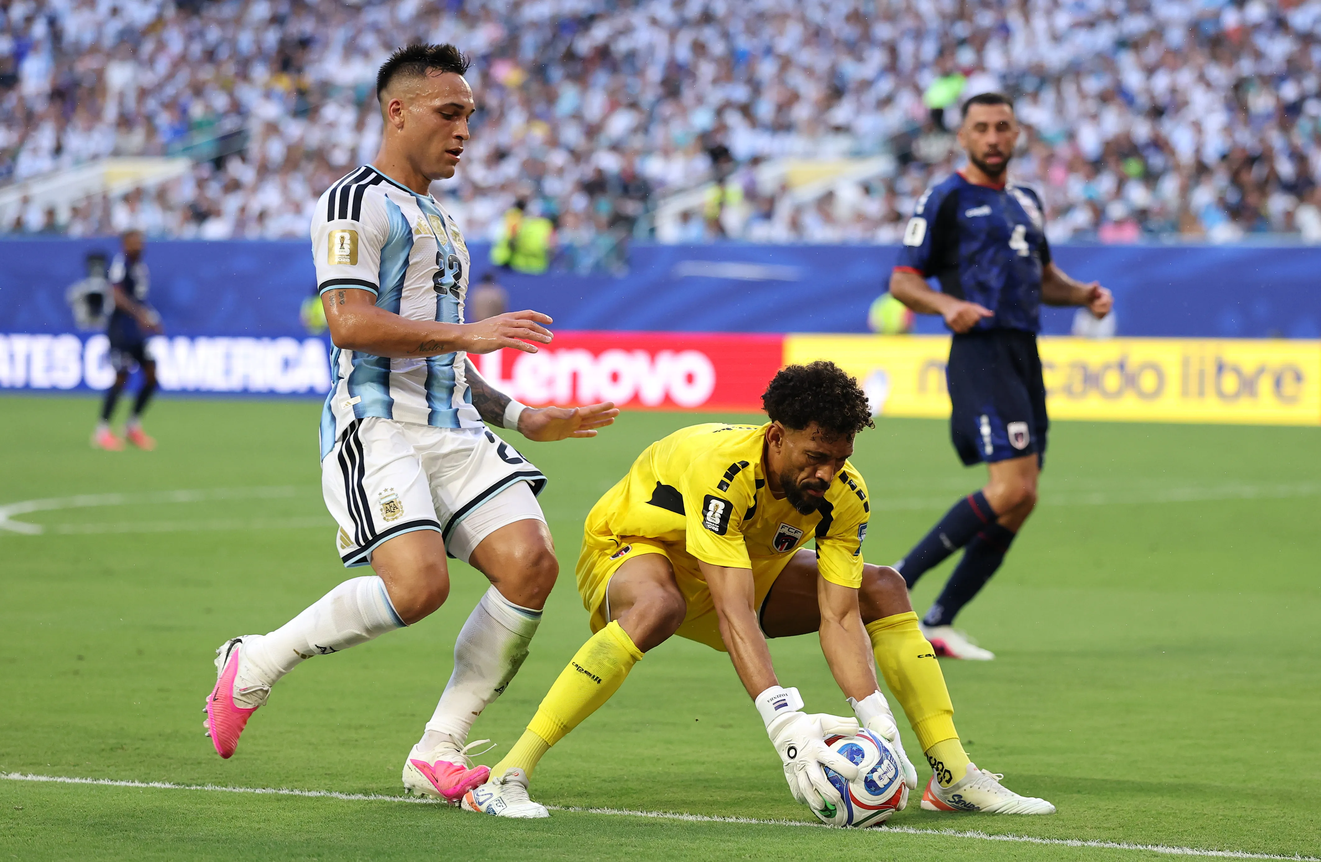 MIAMI GARDENS, FLORIDA – JULY 03: Vozinha #1 of Cabo Verde makes a save against Lautaro Martinez #22 of Argentina during the FIFA World Cup 2026 Round of 32 match between Argentina and Cabo Verde at Miami Stadium on July 03, 2026 in Miami Gardens, Florida. (Photo by Michael Reaves/Getty Images)