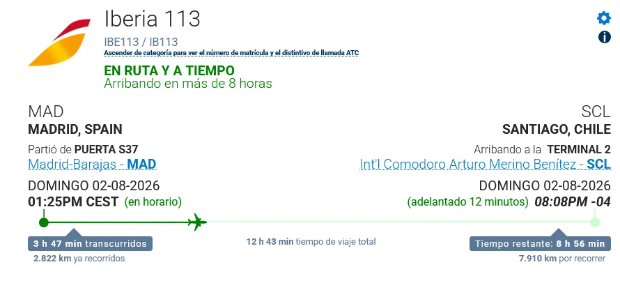 El vuelo que trae a Vozinha a Chile.