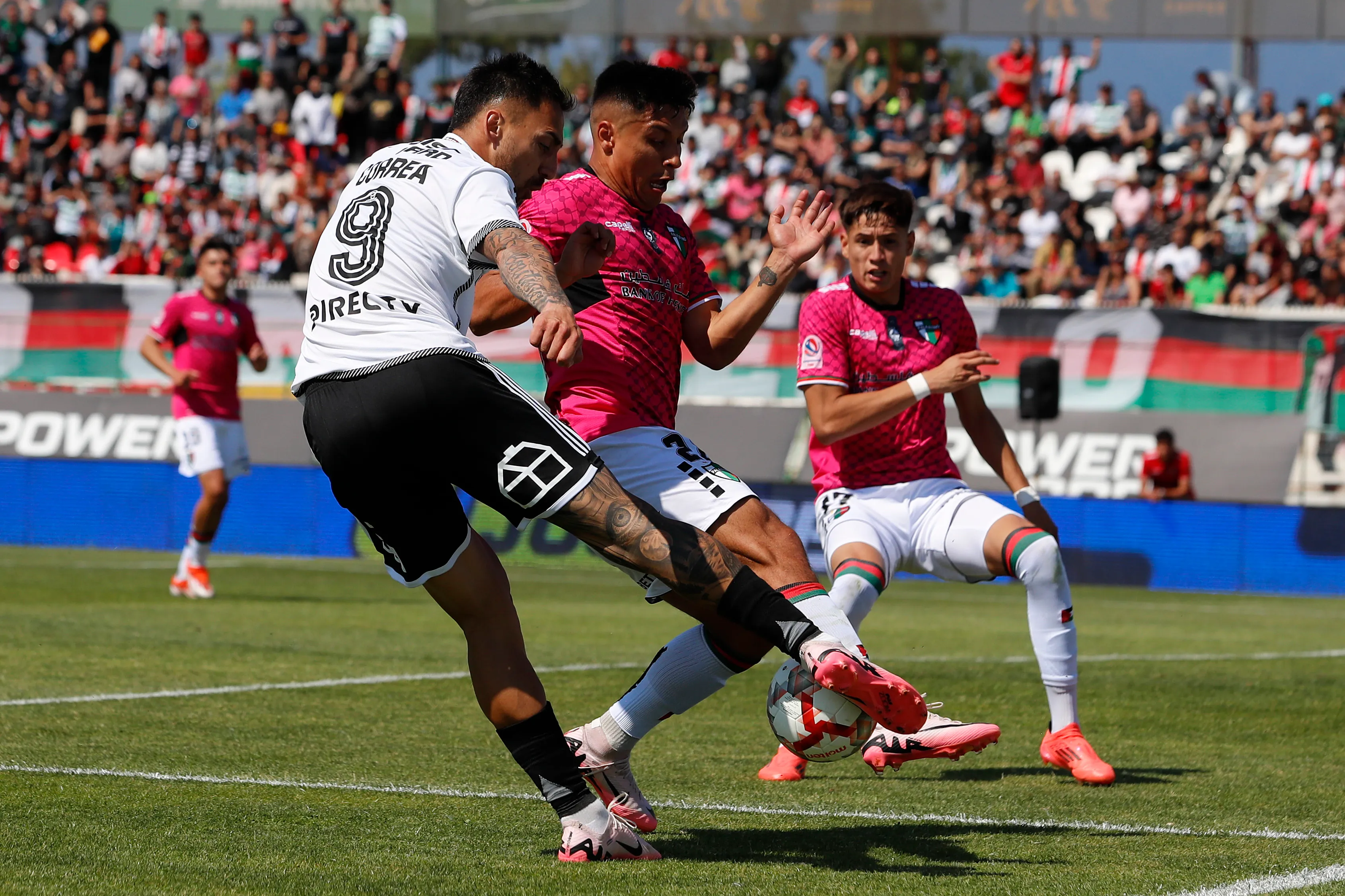 Javier Correa enfrenta a Dilan Zúñiga y de fondo, mira Iván Román. (Felipe Zanca/Photosport).