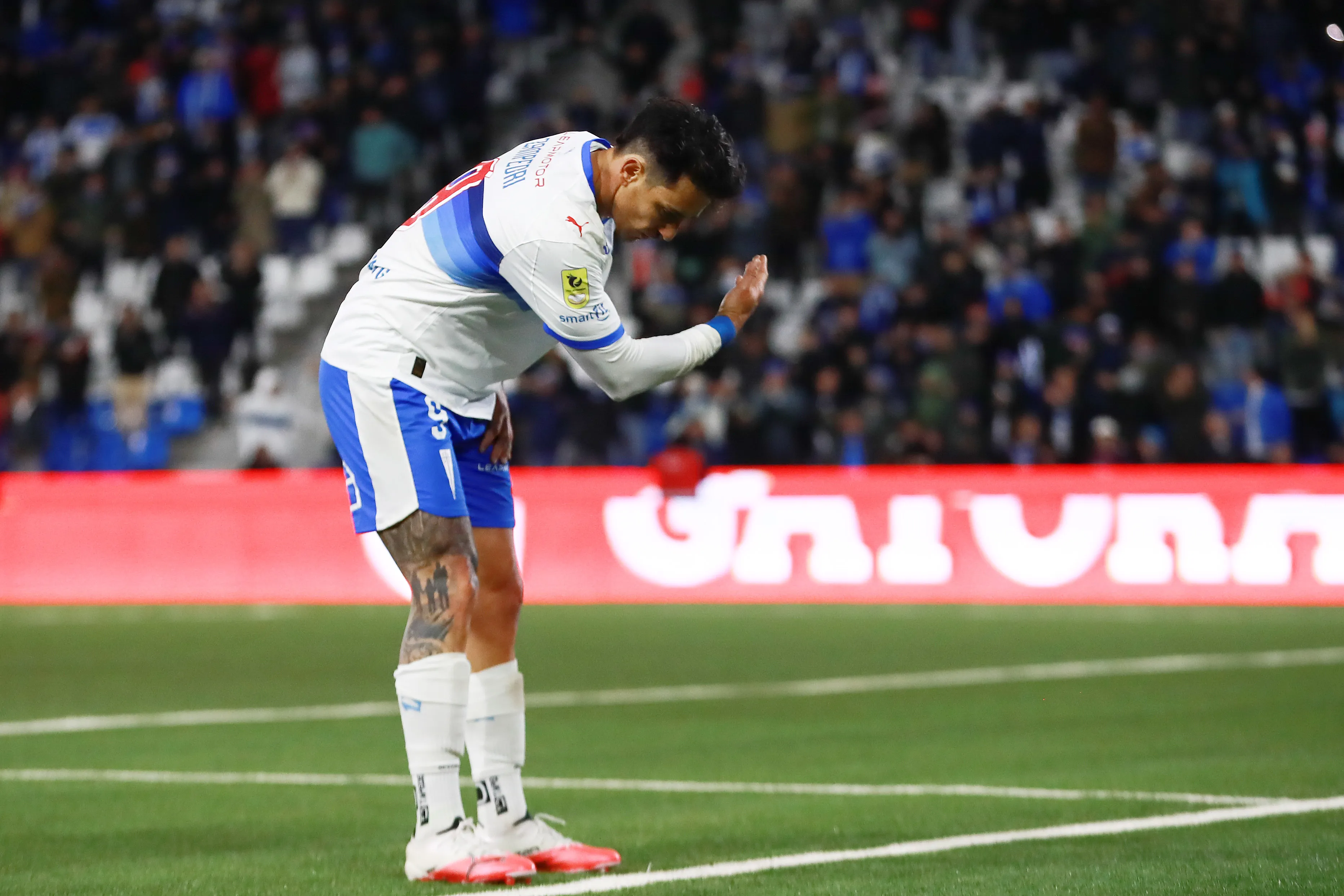 Fernando Zampedri y el festejo que hizo en el Claro Arena por su golazo a Cobresal. (Felipe Zanca/Photosport).