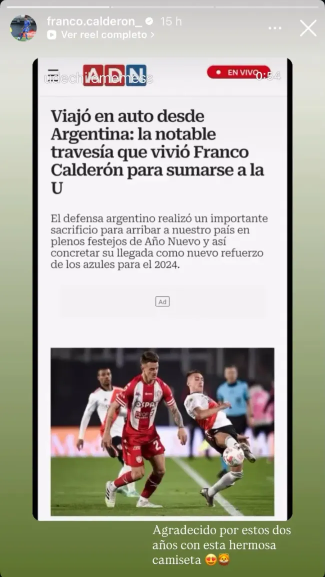 El mensaje con que Franco Calderón se despidió de Universidad de Chile. | Foto: Captura.