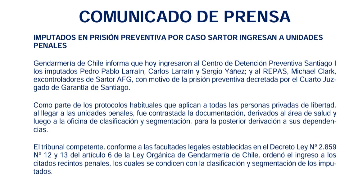 Captura Comunicado Gendarmería de Chile.