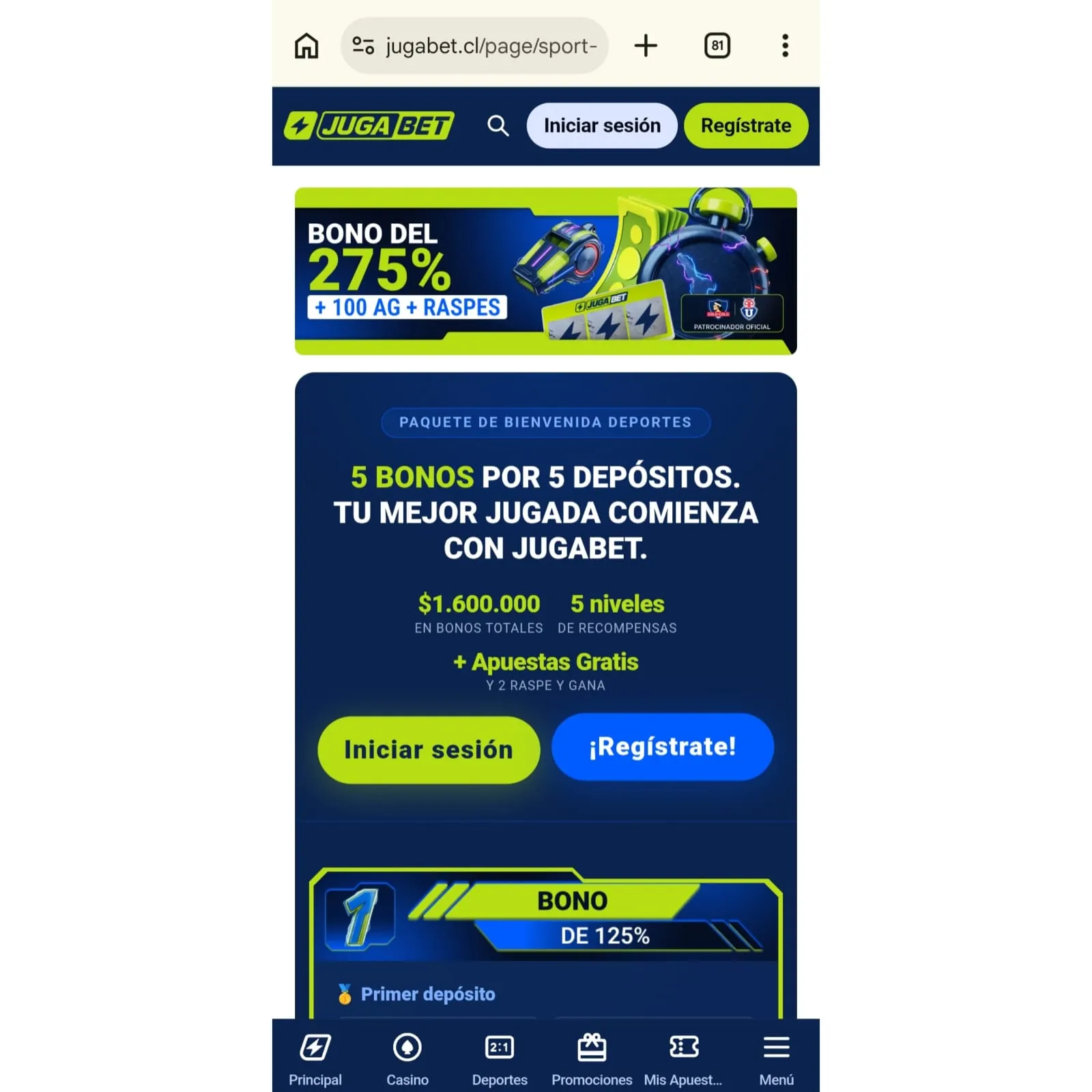 Jugabet registro entrega un bono de bienvenida de hasta $1.600.000 CLP