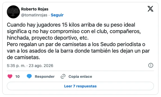 Roberto Rojas acusó que Temuco tiene jugadores con 15 kilos de sobrepeso. Fuente X.