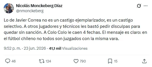 El mensaje por el que Nicolás Monckeberg podría ser sancionado en Colo Colo. | Foto: Captura.