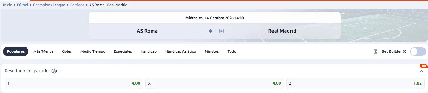 Apostar a la Champions League con Betano en el Roma vs Real Madrid