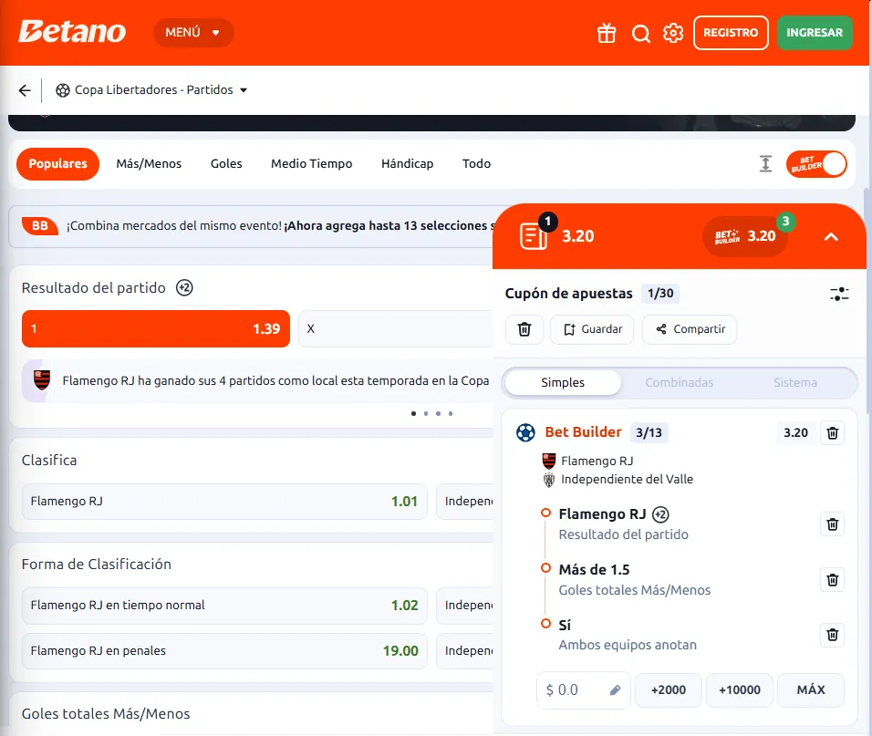 Creador de apuesta en el partido Flamengo vs Independiente del Valle