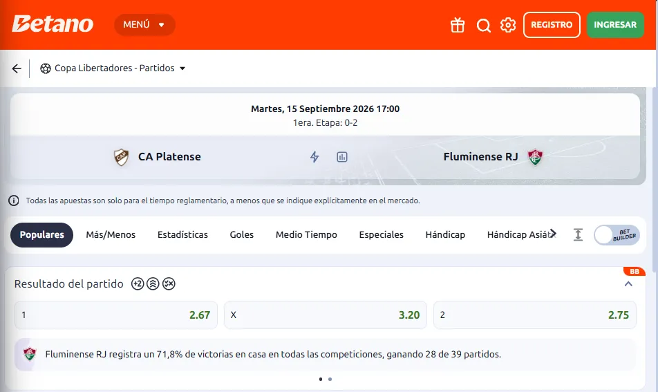 Apostar a la Copa Libertadores con Betano en Platense vs Fluminense