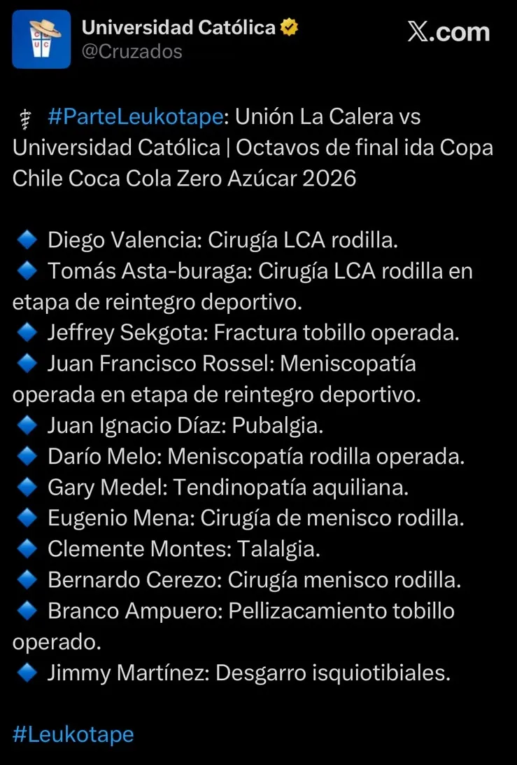 El parte médico que publicó U Católica antes de La Calera. Foto: Cruzados.