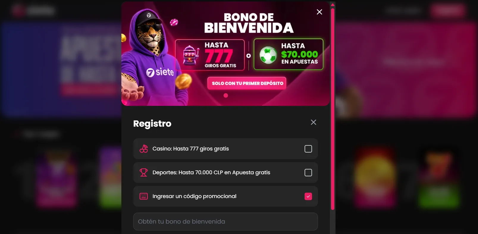 código promocional Siete registro