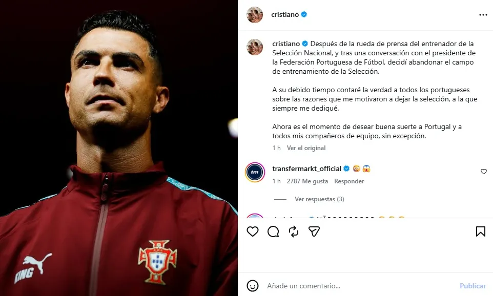 La publicación que subió Cristiano Ronaldo tras dejar la selección de Portugal. | Foto: Captura.