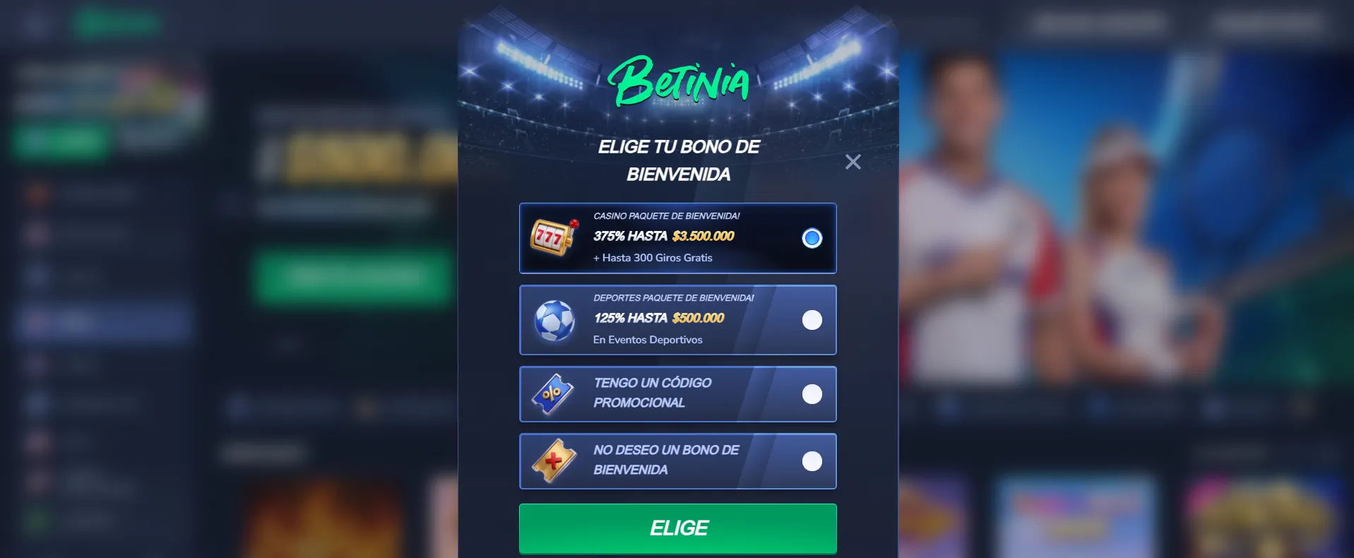 Bono de bienvenida Betinia registro