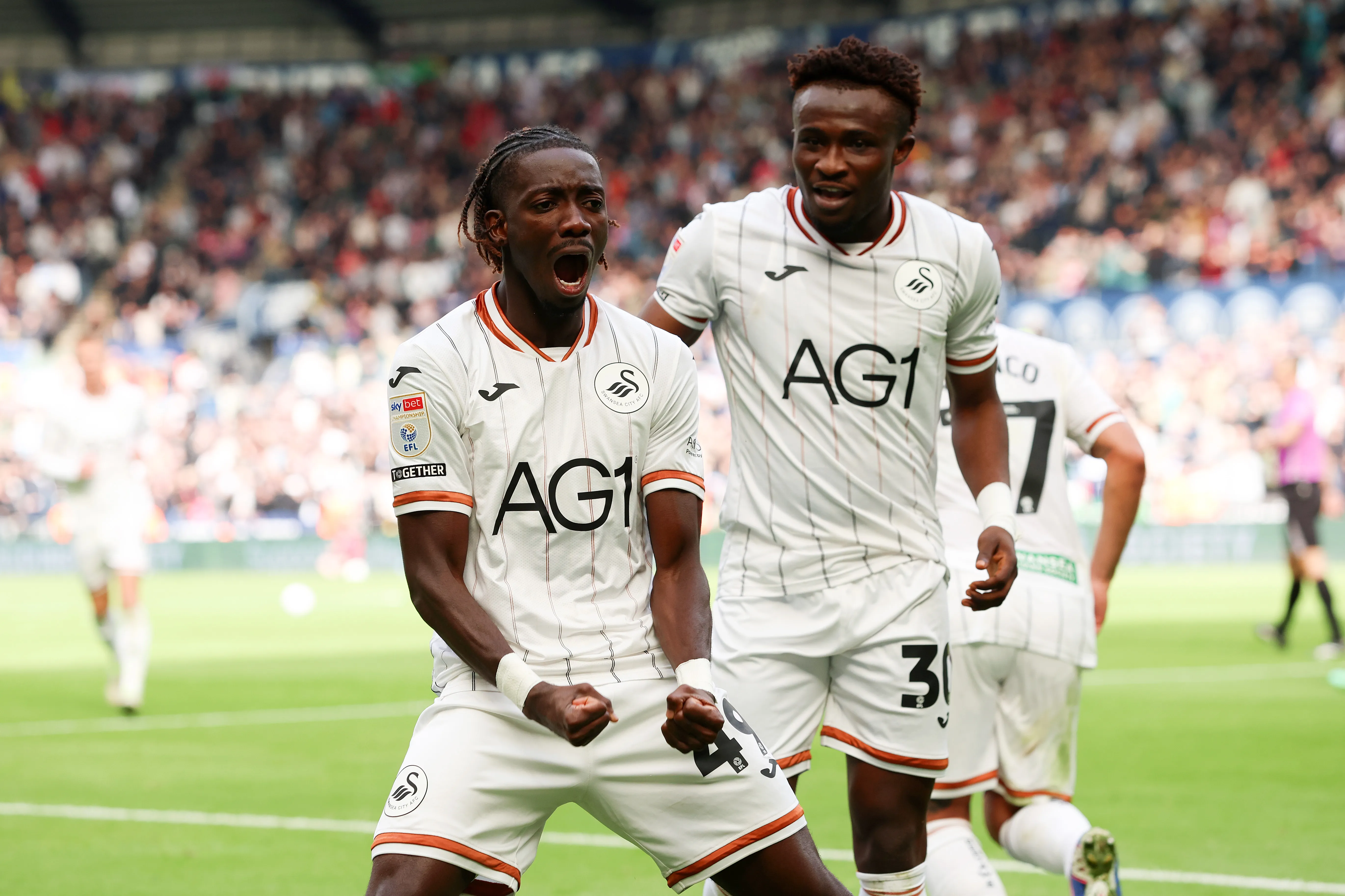 El festejo de Moussa Yeo ante el Norwich City. (Sophie Lewis/Getty Images).
