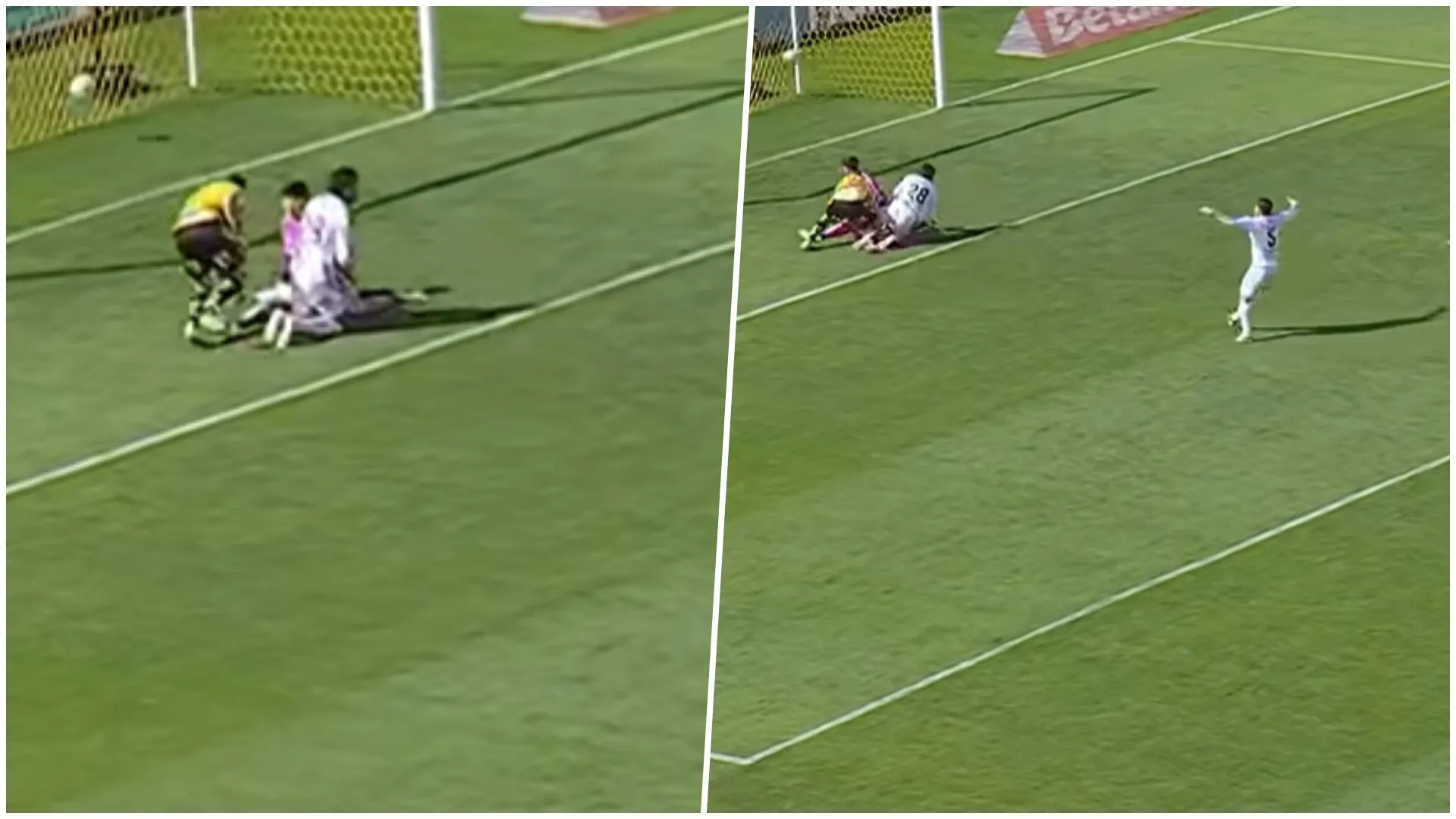 Méndez levanta los brazos y luego reclama que no salió nunca para achicar. Foto: Captura TNT Sports.