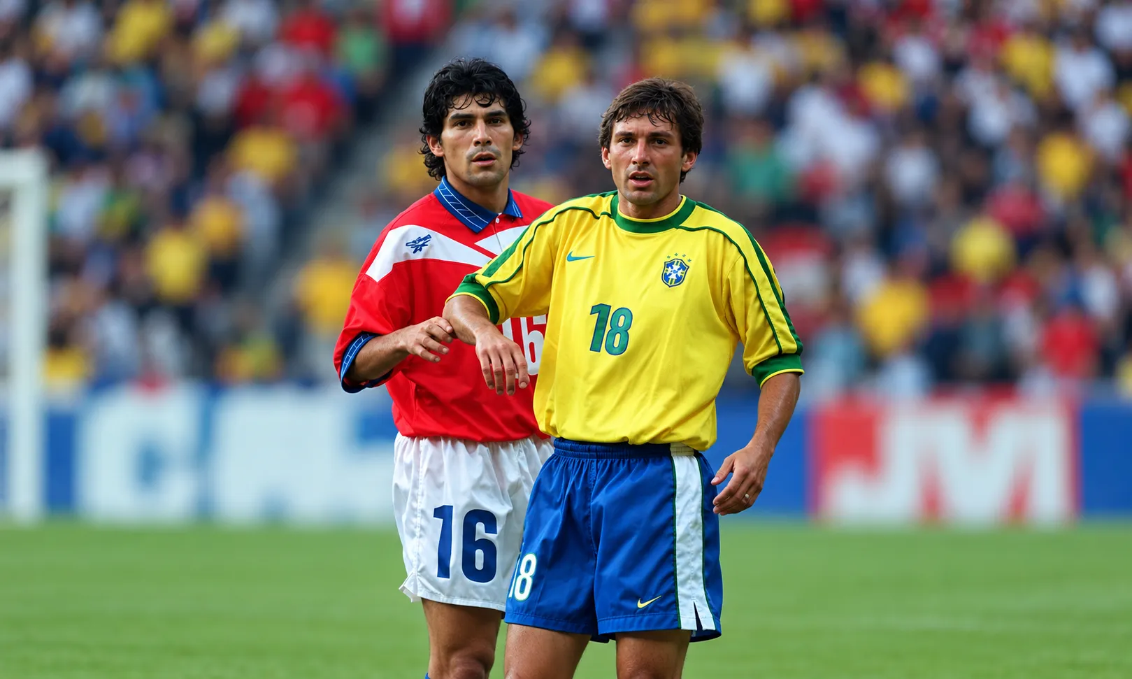 Mauricio Aros y Leonardo en el partido que Chile perdió vs Brasil en los octavos de final del Mundial de Francia 98. (Getty Images).