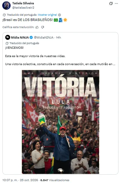 La publicación de Tatiele Silveira tras el triunfo de Lula en Brasil. | Foto: Captura.
